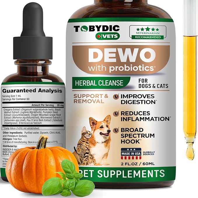 Broad Spectrum Herbal Medicine with Probiotic for Cats & Dogs - Treatment Helps to Remove Tapeworm, Whipworm, Roundworm, and Hookworm - Medication & Supplement Drops - Made in USA