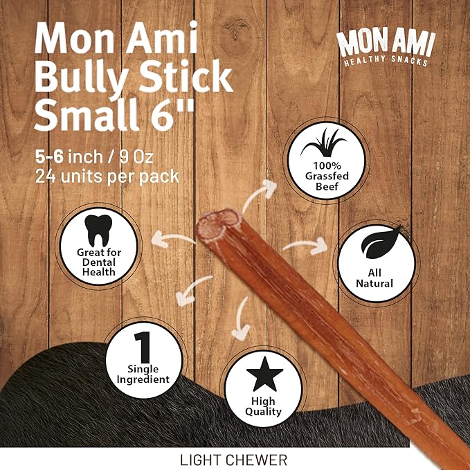 Mon Ami Small Bully Sticks for Large and Small Dogs (5-6 inches, Pack of 24) - Grass Fed Dog Treats - Bully Sticks Natural Dog Treat