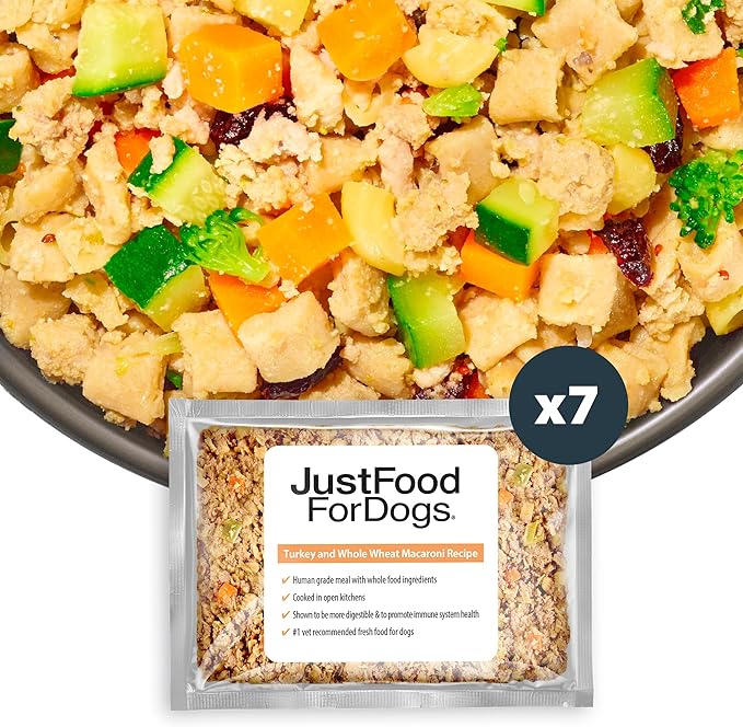 JustFoodForDogs Frozen Fresh Dog Food, Complete Meal or Dog Food Topper, Turkey & Whole Wheat Macaroni Human Grade Dog Food Recipe, 18 oz (Pack of 7)