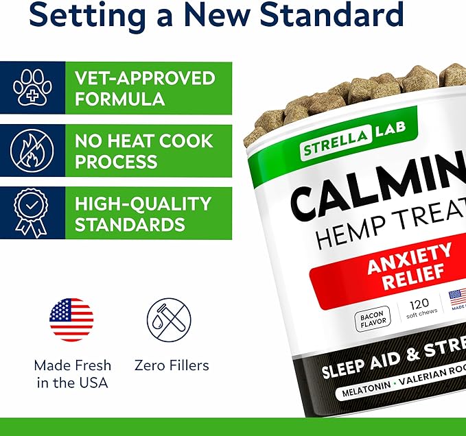 STRELLALAB Advanced Calming Hemp Chews for Dogs - Stress & Anxiety Relief - Behavior Aid - Natural Stress Relief During Firework, Storm, Barking - 120 Treats - Bacon