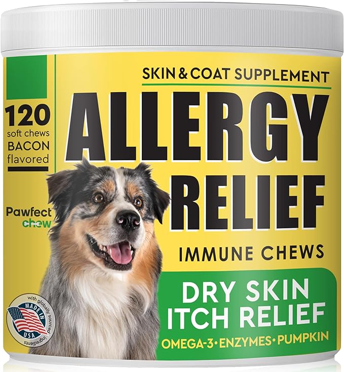 Dog Allergy Relief Chews - Anti-Itch Skin Coat Supplement - Itchy Skin Relief Treatment Pills w/Omega 3 Fish Oil - Itching & Paw Licking - Dry Skin & Hot Spots - 120 Immune Treats - Bacon