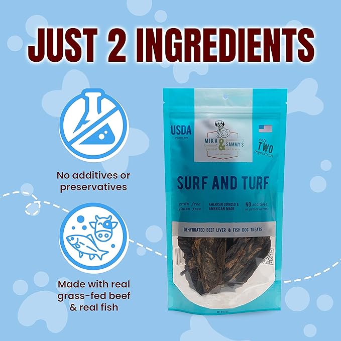 Mika & Sammy's Gourmet Beef Liver & Mackeral Jerky Dog Treats Made in The USA. (Surf & Turf 5 oz)