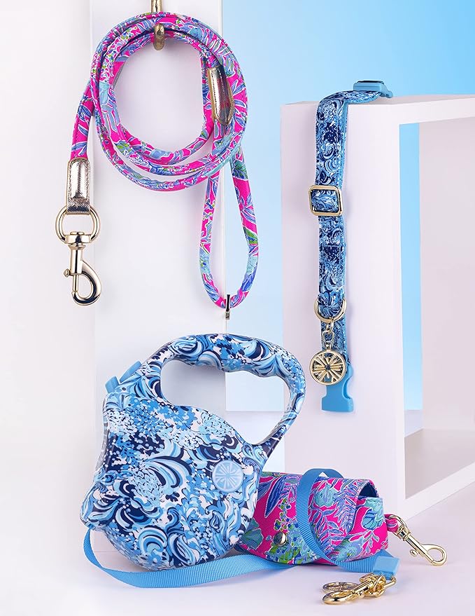 Lilly Pulitzer M/L Adjustable Blue Puppy Dog Collar, Cute Heavy Duty Canvas Collar with Snap Closure and Ring for Leash/Tag, Mermazing