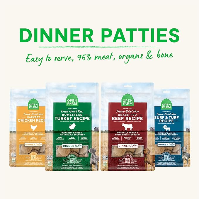 Open Farm Freeze Dried Raw Patties for Dogs, Humanely Raised Meat Recipe with Non-GMO Superfoods and No Artificial Flavors or Preservatives, Grass Fed Beef Recipe, 10.5oz