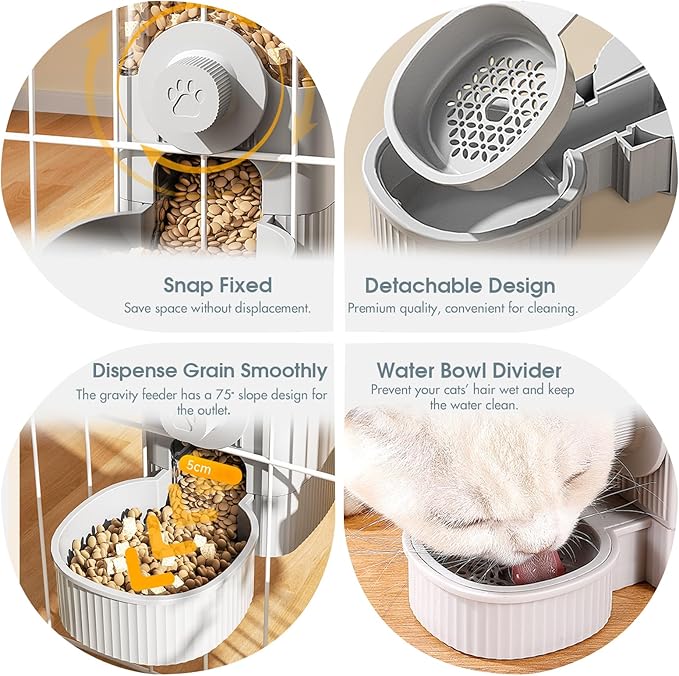 Hanging Cage Automatic Small Pet Food Bowl Water Bottle Dispenser, Detachable Auto Gravity 1.2L Self-Feeding Feeder and 0.52L Waterer Set Kennel Feeding Station for Puppy Cats Rabbit(Grey)