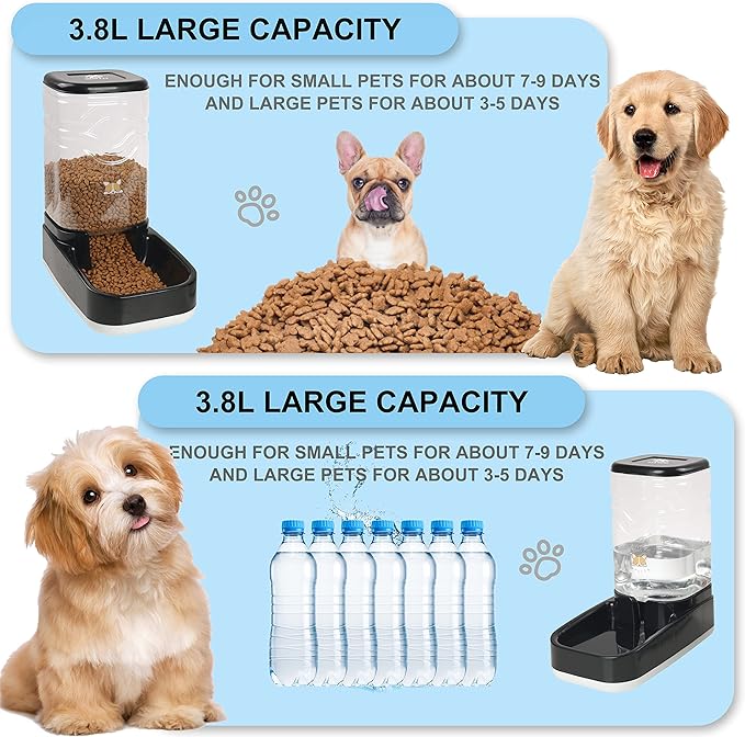 Automatic Dog Cat Gravity Food and Water Dispenser Set with Pet Food Bowl for Small Large Pets Puppy Kitten Rabbit Large Capacity(Black, 3.8L)