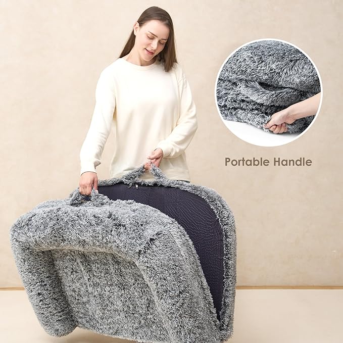 EHEYCIGA Foldable XXL Dog Bed, Faux Fur Fluffy Dog Bed for Extra Large Dogs, Orthopedic Calming Memory Foam Big Dog Couch Bed, Washable Soft Dog Sofa Bed with Non-Slip Bottom, Grey, 54"x38"x8.5"