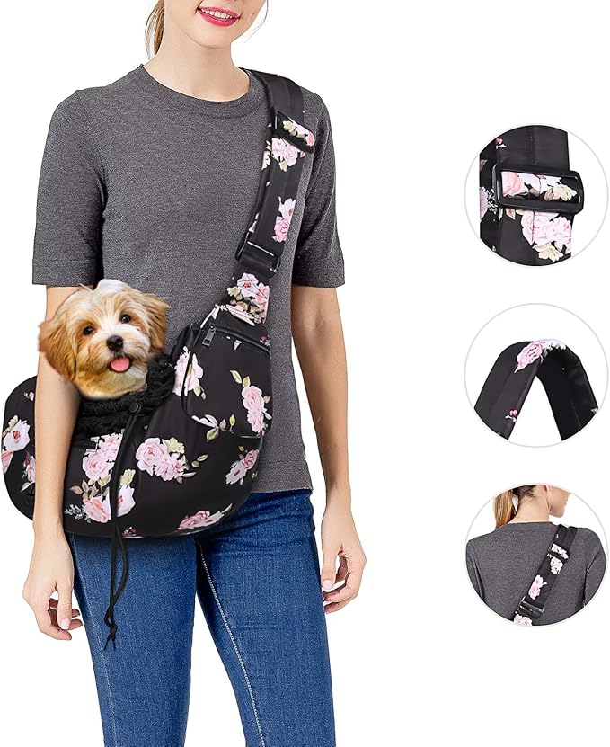 MOSISO Dog Cat Sling Carrier, Pet Dog Carrier Camellia Tote Bag Hands Free Adjustable Padded Strap Breathable Polyester Soft Carrying Travel Shoulder Bag with Front Pocket for Small Dog Cat, Black