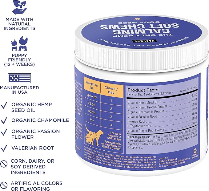 Natural Rapport Dog Calming Treats - The Only Calming Soft Chews That Dogs Need - 120ct Chews That Contain Chamomile to Alleviate Stress