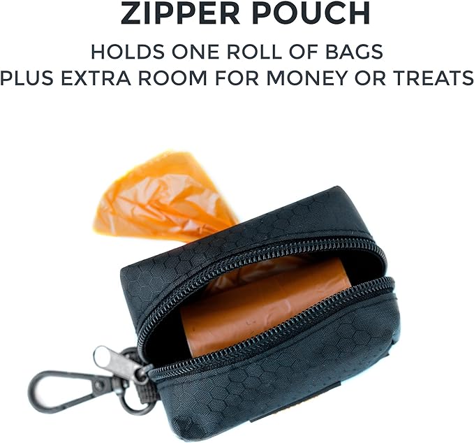 Mighty Paw Dog Poop Bag Holder - Zippered Pouch with Carabiner Hook - Includes Roll of Pick-up Bags - Pet Poop Bag Holder - Dog Dispenser Poop Bag - Dog Bag Holder - Dog Walking Supplies - (Black)