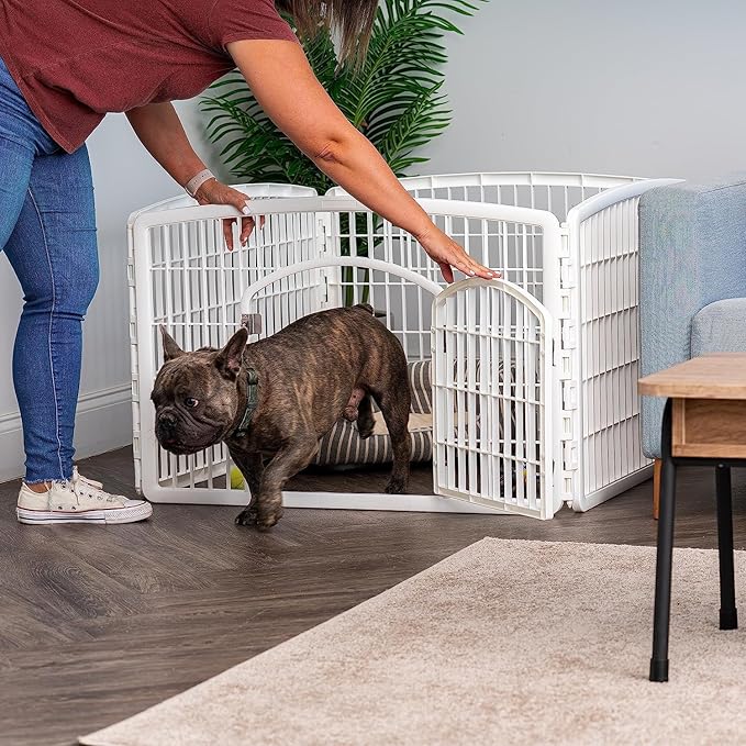 IRIS USA Dog Playpen, 4-Panel 24" Pet Playpen with Door, Puppy Playpen, Indoor/Outdoor Dog Pen, 35 x 35 x 24, Foldable, Customizable, White
