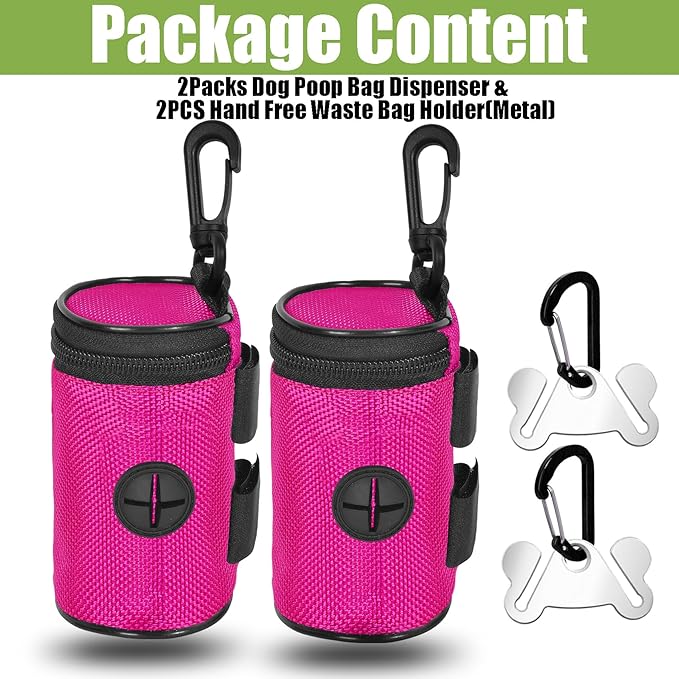 2 Pack Dog Poop Bag Holder for Leash Attachment - Waste Bag Dispenser for Leash - Fits Any Dog Leash - Portable Set with Hand Free Holder Metal Carrier, Round Style, Pink