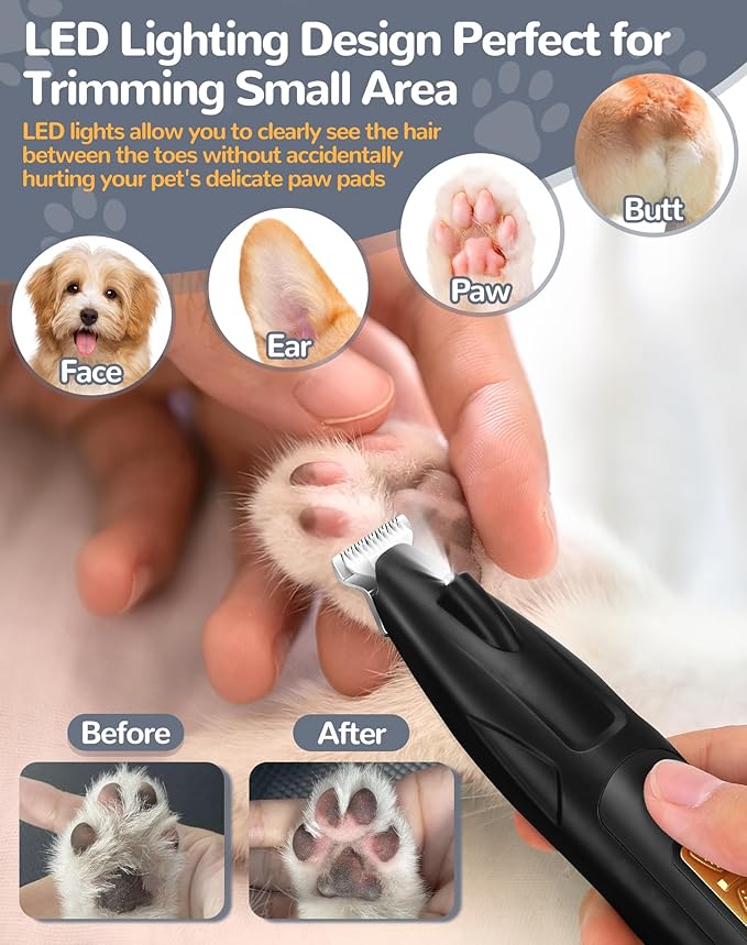 Dog Clippers for Grooming, 2 Speed Dog Paw Trimmer with LED Light, Rechargeable Low Noise Pet Shaver for Trimming Dogs Cats Hair Around Paws, Eyes, Ears, Face, Rump (Black)