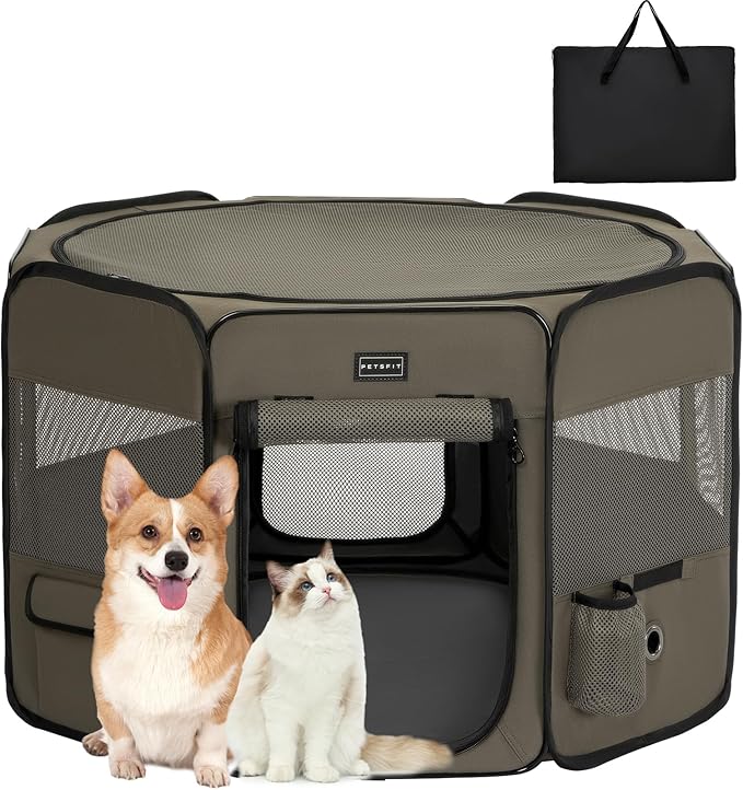 PETSFIT Dog Playpen, 36" Dia Sturdy Foldable Puppy Playpen for Dogs Cats Indoor/Outdoor, Portable Pet Playpen with Carring Case, Removable Mesh Zipper Top and Waterproof Playpen Mat Grey-Black M