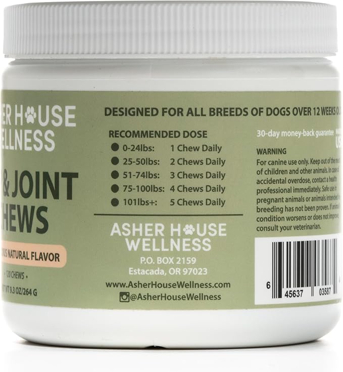 ASHER HOUSE WELLNESS | Hip and Joint Soft Chew Supplement for Dogs | All Natural | 120 Chews | Glucosamine | Condroitin