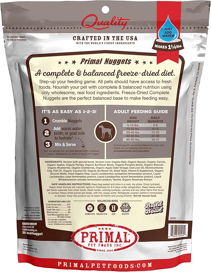 Primal Freeze Dried Dog Food Nuggets, Venison; Complete & Balanced Meal; Also Use as Topper or Treat; Premium, Healthy, Grain Free, High Protein Raw Dog Food, 5.5 oz