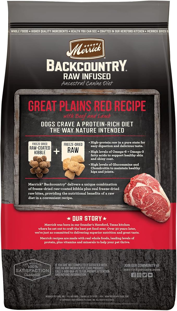Merrick Backcountry Grain Free Dry Adult Dog Food Kibble With Freeze Dried Raw Pieces, Great Plains Red Recipe - 4.0 lb. Bag