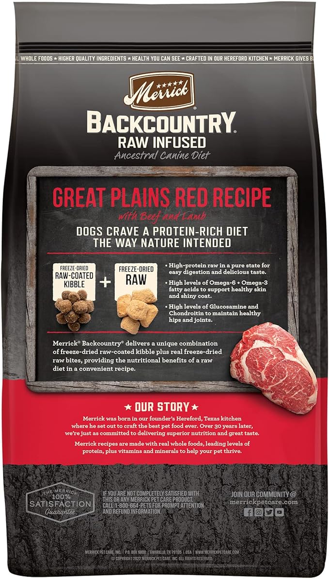 Merrick Backcountry Grain Free Dry Adult Dog Food Kibble With Freeze Dried Raw Pieces, Great Plains Red Recipe - 4.0 lb. Bag