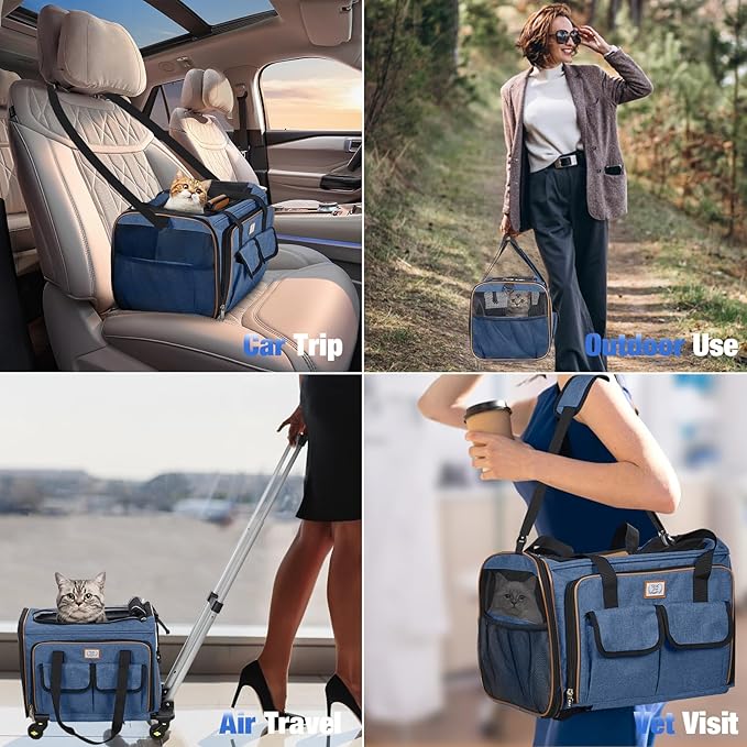 Lekereise Airline Approved Cat Dog Carrier with Wheels Expandable Rolling Pet Carrier for Medium Dogs and Cats Under 15 25LBS, Pet Travel Carrier on Wheels, Blue