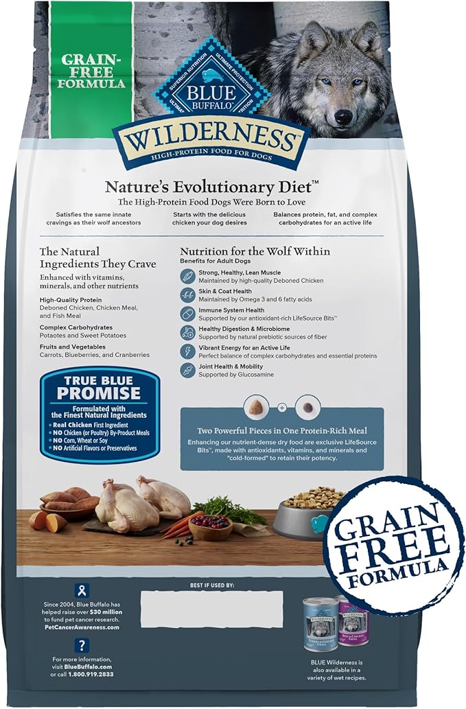Blue Buffalo Wilderness Adult High-Protein Dry Dog Food with Real Chicken, Grain-Free, Made in the USA with Natural Ingredients, Chicken, 24-lb. Bag