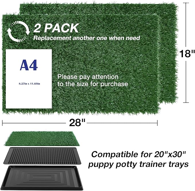 Artificial Dog Grass Pee Pads 28" X 18", Large Puppy Training Turf for Potty Tray, Reusable Pet Fake Grass with Drainage, 2 Packs