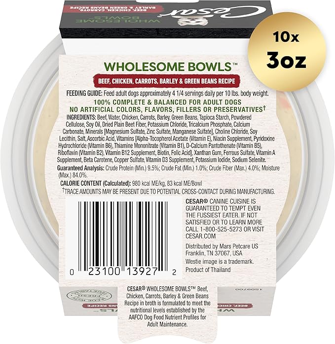 CESAR WHOLESOME BOWLS Adult Soft Wet Dog Food Beef, Chicken, Carrots, Barley & Green Beans Recipe, (10) 3 oz. Bowls