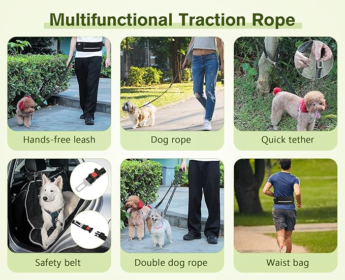 Pecute Hands Free Dog Leash with Pouch, Waist Belt Fanny Pack with Soft Pads, Dual Padded Handles and Durable Bungee for Walking, Hiking, Jogging Biking, and Running (Up to 220lbs) Black