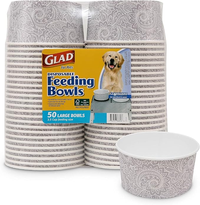 Glad for Pets Disposable Feeding Bowls | Large Disposable Dog Bowls in Gray Pattern | 3.5 Cup Feeding Size, 25 Count - Dog Bowls are Great for Dry and Wet Dog Food or Water