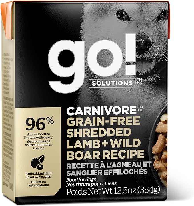 GO! SOLUTIONS Carnivore Protein Rich Wet Dog Food - Grain Free Shredded Lamb and Wild Boar - Complete & Balanced Nutrition for All Life Stages, 12.5 oz