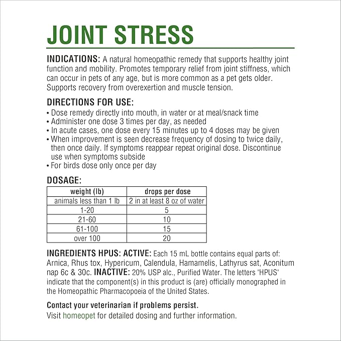 HomeoPet Joint Stress, Joint Support for Dogs and Cats, Liquid Pet Meds to Support Healthy Joint Movement, 15 Milliliters