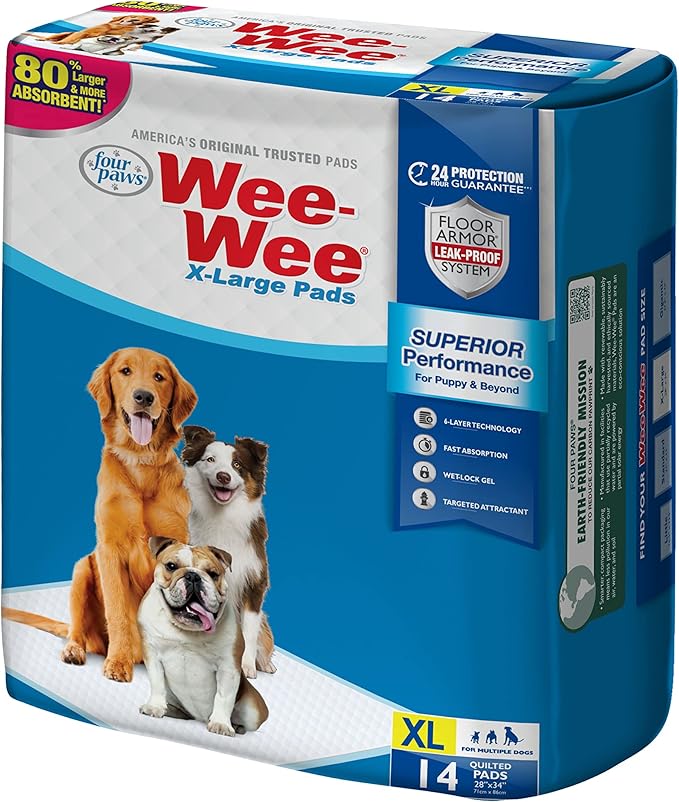 Four Paws Wee-Wee Superior Performance XL Pee Pads for Extra Large Dogs, Leak-Proof Floor Protection Dog & Puppy Quilted Potty Training Pads, Unscented, 28" x 34" (14 Count)