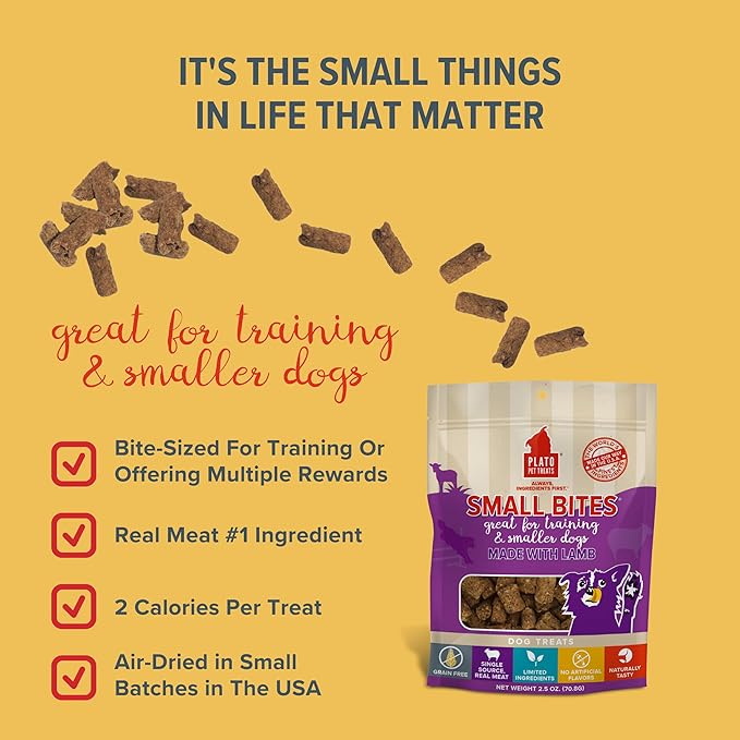 PLATO Pet Treats Air Dried Small Bites Dog Treats, Natural Bite Sized Real Meat & Lamb, Grain Free & High Protein, Made in The USA, 2.5oz