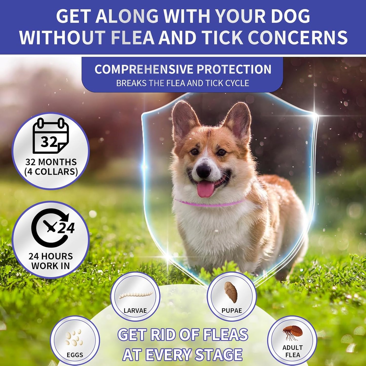 4 Pack Flea Collar for Dogs, 32 Months Flea and Tick Prevention for Dogs, Adjustable Flea and Tick Collar for Dogs Puppies, Waterproof Dog Flea Collar, Natural Dog Flea and Tick Treatment(Blue & Pink)