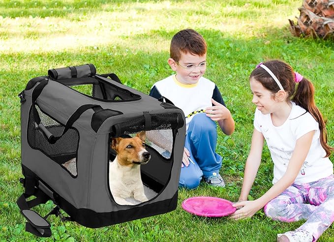 2PET Foldable Dog Crate - Soft, Easy to Fold & Carry Dog Crate for Indoor & Outdoor Use - Comfy Dog Home & Dog Travel Crate - Strong Steel Frame, Washable Fabric Cover - Medium, Grizzle Grey