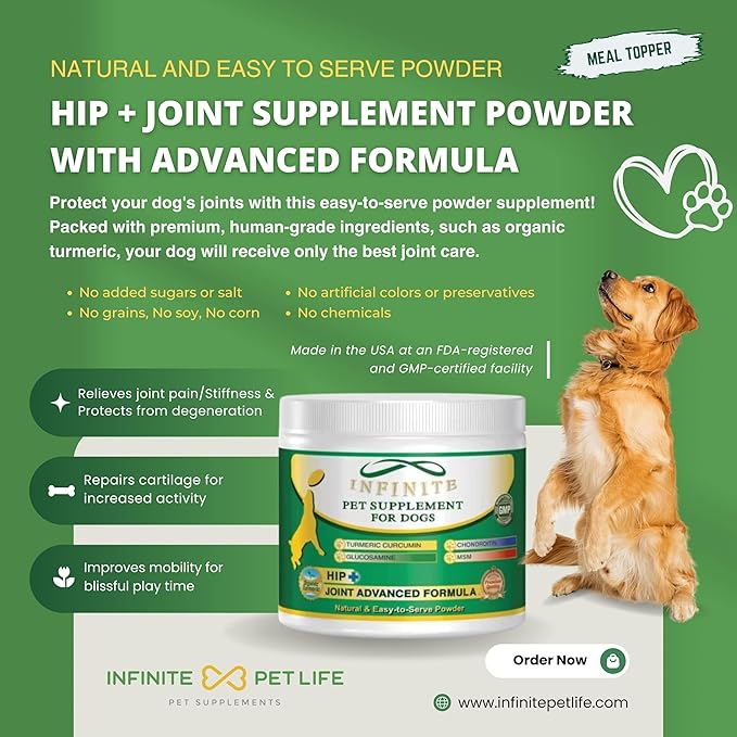 Hip & Joint Supplement Powder. This natural supplement is made with Turmeric Curcumin, Glucosamine, Chondroitin, and MSM, and it rebuilds damaged tissue and relieves inflammation.
