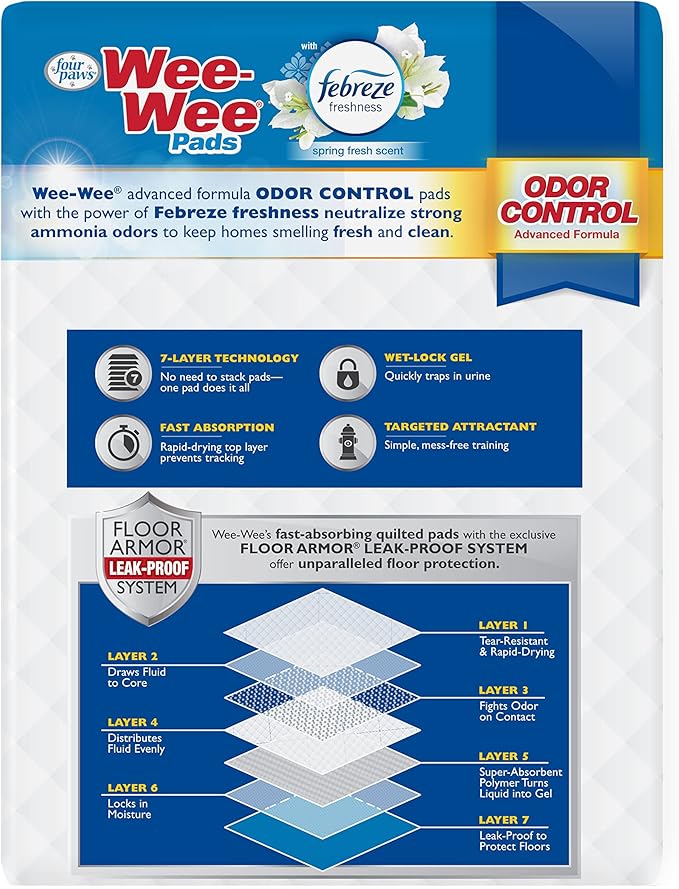 Four Paws Wee-Wee Odor Control with Febreze Freshness Pee Pads for Dogs of All Sizes, Leak-Proof Floor Protection Dog & Puppy Quilted Potty Training Pads, Spring Fresh Scent, 22" x 23" (10 Count)