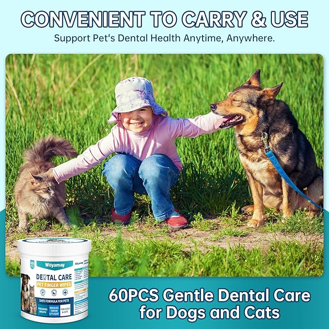 Teeth Cleaning Wipes for Dogs & Cats, Dental Wipes for Reducing Plaque & Tartar for Cats and Dogs, Disposable Gentle Breath Freshener Dental and Gum Care Finger Pet Wipes, 60 Counts