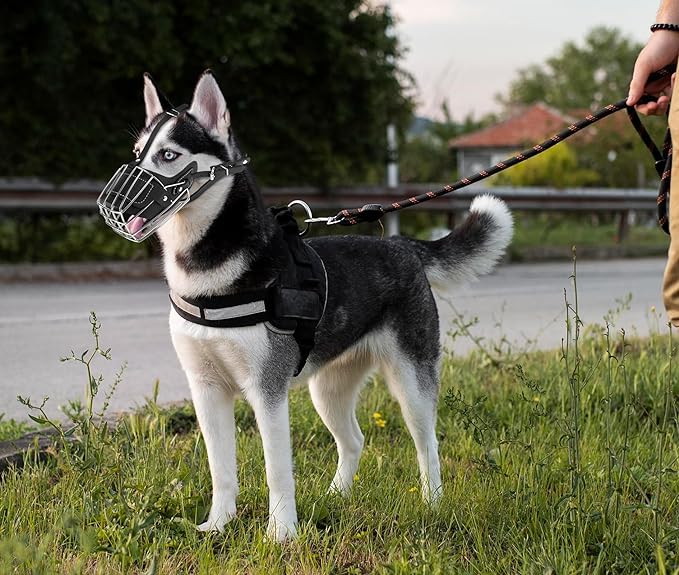 Dog Muzzle, Dog Metal Face Basket, Dog Mouth Breathable Adjustable Leather Leash Suitable for Large Medium-Sized Dogs (L)