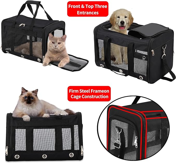 Soft Sided Cat/Dog Carrier,Collapsible Pets Travel Carriers for Pet/Puppy with Shoulder Strap & Removable Mat,Mesh Top Load Small Dogs/Cats Carry Bag Up to 25 Lbs(Black,L)