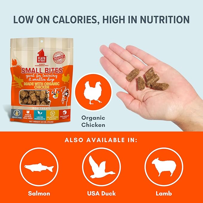 PLATO Small Bites Dog Treats, Natural Bite Sized Real Meat & Chicken Flavor, Grain Free & High in Protein, Air Dried Authentic Ingredients, 2 Calories Per Treat, Made in the USA, 2.5 Ounces