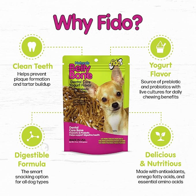 NATURALS Belly Bones for Dogs, 100 Yogurt Flavor Mini Dog Dental Treats(100 Count) - Made in USA - for Extra Small Dogs - Plaque and Tartar Control for Fresh Breath, Digestive Health Support