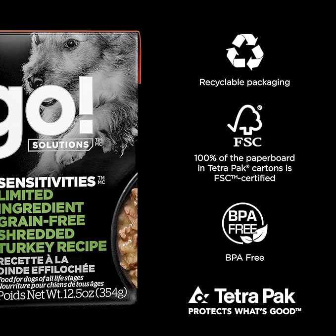 GO! SOLUTIONS Sensitivities Limited Ingredient Wet Dog Food - Grain Free Shredded Turkey Recipe - Complete & Balanced Nutrition for All Life Stages, 12.5 oz