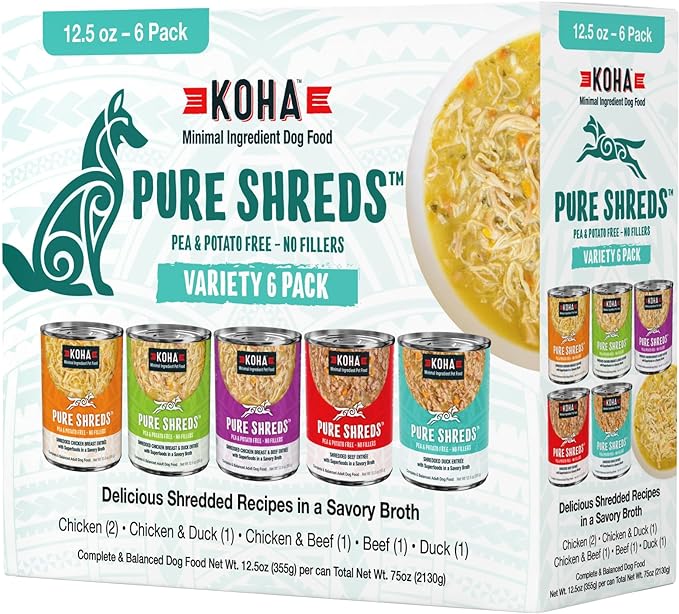 KOHA Pure Shreds Dog Food, 5 Flavors Variety Pack, Wet Food for Picky Eaters, Low Fat, High Protein, 12.5oz Cans, 6 Pack, 5.82 pounds
