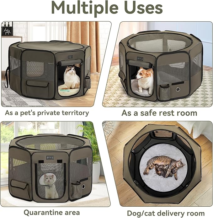 PETSFIT Dog Playpen, 36" Dia Sturdy Foldable Puppy Playpen for Dogs Cats Indoor/Outdoor, Portable Pet Playpen with Carring Case, Removable Mesh Zipper Top and Waterproof Playpen Mat Grey-Black M