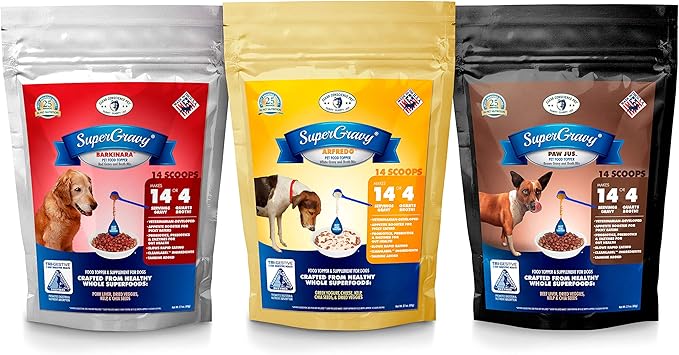 SuperGravy Original Trio - Natural Dog Food Gravy Topper - Hydration Broth Food Mix - Human Grade – Kibble Seasoning for Picky Eaters – Gluten Free & Grain Free, 42 Scoops, 01095