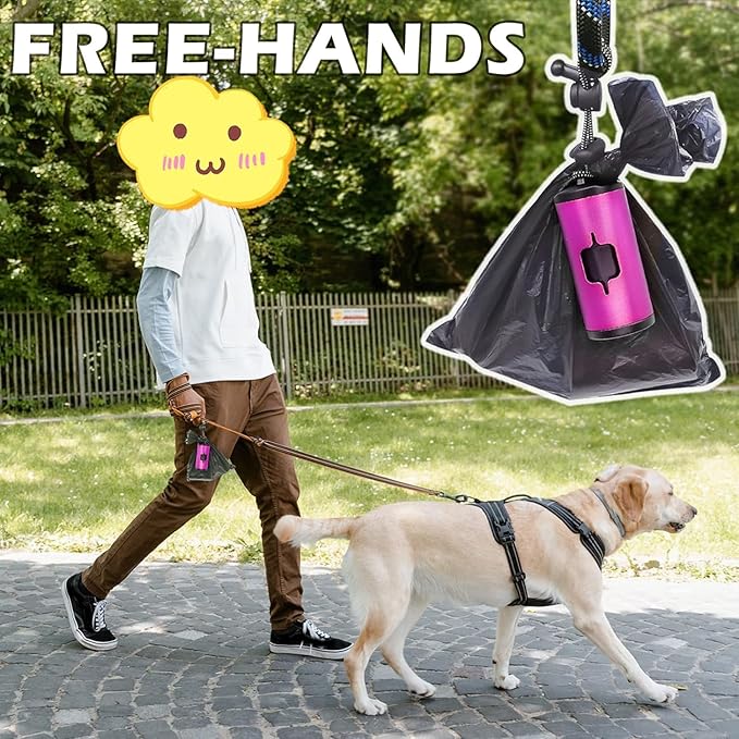 Metal Dog Poop Bags Holder Aluminum Poo Bags Dispenser with 15 Black Unscented Pet Waste Bags and 3 Leash Accessories for Dog Walking(1 Holder 15 Bags,Pink)