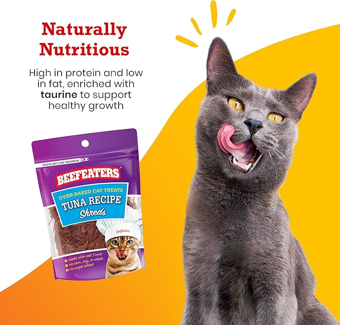 Beefeaters Cat Treats - Tuna Recipe Shreds 1.41oz, Case of 12 | Real Cat Food, No Sugar/Soy/Corn/Wheat | High Protein & Taurine | Supports Dental Health | Training Treats - No Artificial Additives