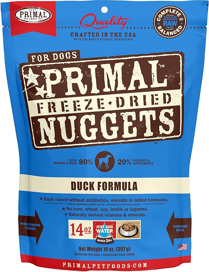 Primal Freeze Dried Dog Food Nuggets, Duck; Complete & Balanced Meal; Also Use as Topper or Treat; Premium, Healthy, Grain Free, High Protein Raw Dog Food, 14 oz