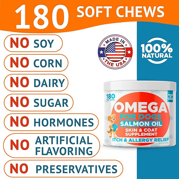 Omega 3 Alaskan Fish Oil Treats for Dogs (360 Ct) - Dry & Itchy Skin Relief + Allergy Support - Shiny Coats - EPA&DHA Fatty Acids - Natural Salmon Oil Chews - Hip & Joint Support - Salmon Flavor