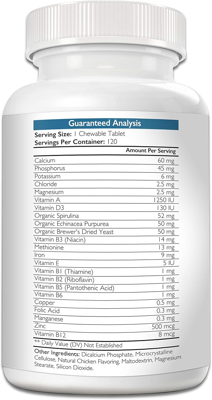 Blood Support for Dogs, Supplement for Anemia in Dogs, Promotes Red Blood Cell Health, with a High Level of Iron, Vitamin B12, Organic Spirulina and Purpurea, 120 Chewable Tablets
